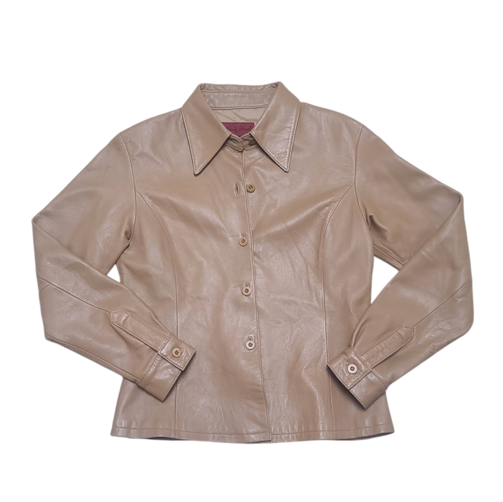 Nicola Berti Women's tan soft Leather shirt Jacket, button up, lined, small